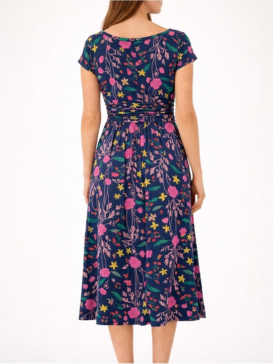Boden Amelie Jersey Dress Floral Navy Pink Ruched Waist Midi UK12 US Size 8 - Picture 4 of 12
